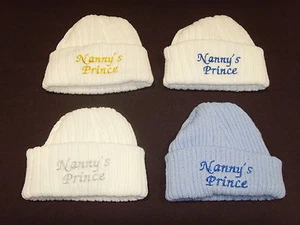Baby Knitted Wool Embroidered Personalised Hat With Saying Nanny's Prince  - Picture 1 of 11