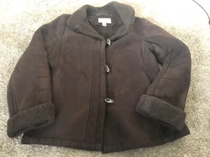 Talbots Brown Faux Suede Coat Jacket Faux Fur Cuffs Lining Size Small - Picture 1 of 6