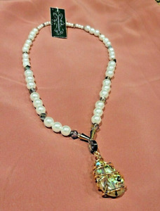 Anthropologie Artsy Pearl Necklace Pendant Swarovski Crystals Abalone Shell NWT