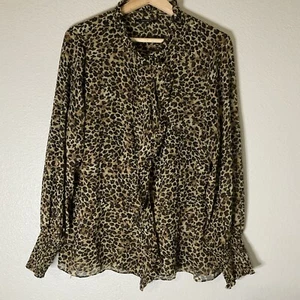 Tahari Leopard Blouse Womens Large Bell Sleeve Ruffle Front Gathered Cuff - Picture 1 of 8