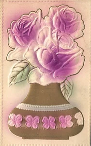 Jarrón muy grabado de flores rosadas púrpura postal de felicitación - Imagen 1 de 2
