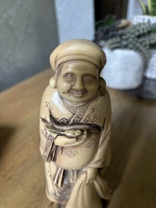 Vintage Antique CHINESE MAN BUDDHA WITH MOUSE RESIN FIGURINE 6.75” TALL - Picture 1 of 12