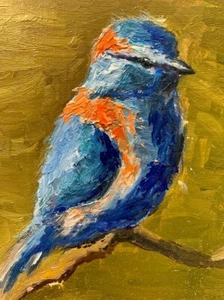 Miniature Blue bird Birds impasto Oil Painting Original Rustic Wall Artwork - Picture 1 of 12