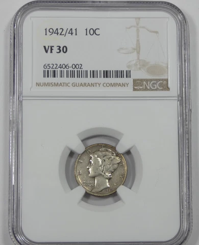 1942/41 Mercury Dime CERTIFIED NGC VF 30 Silver 10c Cover