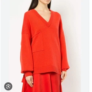 Tibi Cashmere Ribbon Red Orange  V-Neck Pocket Oversized Sweater M/L Knit Cozy - Picture 1 of 15