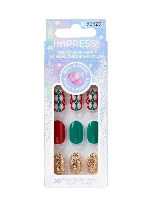 (2) KISS imPRESS 30 Nails Peel & Press Short Argyle Gold Glitter Green Holiday