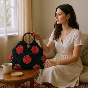 Crochet Rose Tote Bag Black Red Handmade Boho Floral Purse 70s Inspired Style - Picture 1 of 8