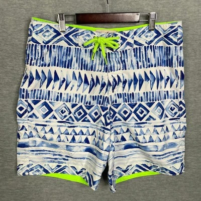 HOLLISTER Mens Size Large Tribal Blue Neon Green Trunks Swim Shorts - Image 1 of 4