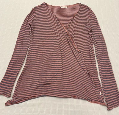 Volcom Go Go Wrap Women’s Coral Blue Stripe Gauze Knit Open Cardigan Sweater L - Image 1 of 4