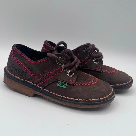 Zapatos Kickers Niños Talla 28 Cuero Marrón Hechos en Francia Puntada Rosa Con Cordones Foto 1 de 4