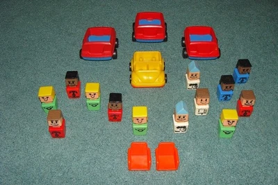 Винтажный Playskool Little Blockhead Square People Лот из 13 и 4 Автомобилей - Изображение 1 из 4