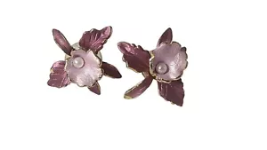 Vintage Gold Tone And Lavender Purple Enamel Floral Earrings - Picture 1 of 4