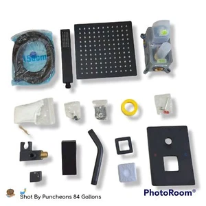 Matte Black Shower System with 8 In Rainfall Shower Head, Handheld, & Rough-in V - Picture 1 of 10