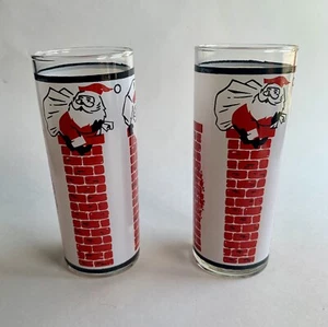 Vintage Libby Mid Century Modern Santa Stuck In Chimney Glasses Lot of 2 MCM - Picture 1 of 16