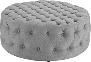 Modway Amour Fabric Upholstered Button-Tufted Round Ottoman in Light Gray - Picture 1 of 6
