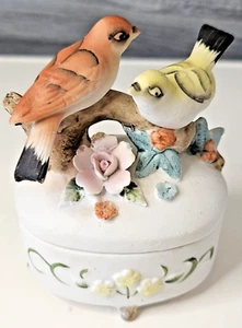 Vintage Lefton Schmuckkästchen mit Deckel rot gelb Vögel auf Ast Porzellan 3433 - Bild 1 von 11