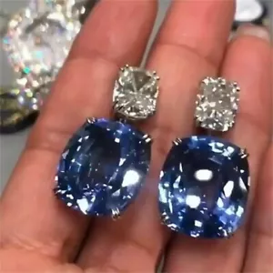Blue Tanzanite Drop & Dangle 3Ct Cushion Cut Earrings 14k White Gold Finish - Picture 1 of 4