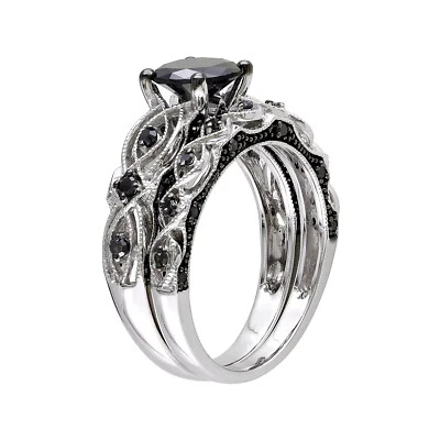 1 CT Black Round Cut CZ Wedding Matching Bridal Black Plated 925 Silver Ring Set - Image 1 of 4
