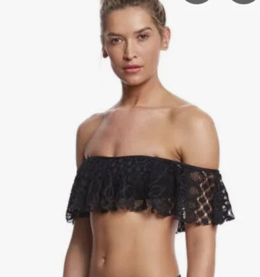 new Kenneth Cole Reaction Black Crochet Off Shoulder Bikini Top Small - Image 1 of 3