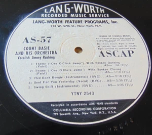 33RPM 16" Lang-Worth transcription - Count Basie, v James Rushing / Garber, VV+V - Picture 1 of 7