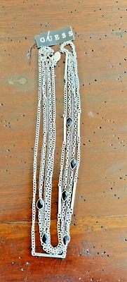 Vintage GUESS Silver Tone 4 Strand Necklace Black Enamel Charm + Silver Bars NWT - Image 1 of 4