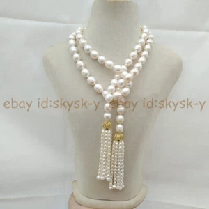 11-12mm Natural White South Sea Baroque Pearl Tassel Lariat Necklace 36-100'' - Picture 1 of 15