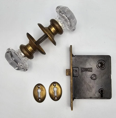 Antique Russwin Mortise Lock 0389,  Victorian 8 Point Glass Knob, & Escutcheons Cover