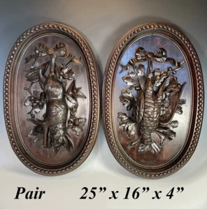 PAIR Antique HC Swiss Black Forest 25" Fruits of the Hunt Game Plaques, Hare + - Picture 1 of 11
