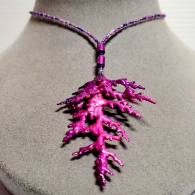 Handmade Fuschia Enamel Coated Natural Juniper Branch Pendant Bead 16" Necklace - Image 1 of 4