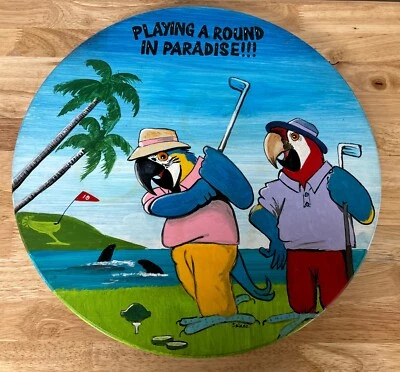 Hand Painted Lazy Susan Wood Parrots Golfing Paradise Salada 15” Man Cave Den - Image 1 of 4