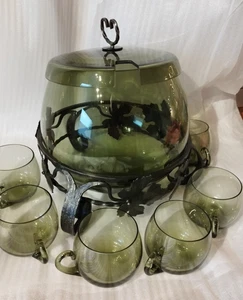 Bowlen Set mit Gefäß und 5 Gläsern grün mit Metallgestell schwarz Bowlengläser - Bild 1 von 7