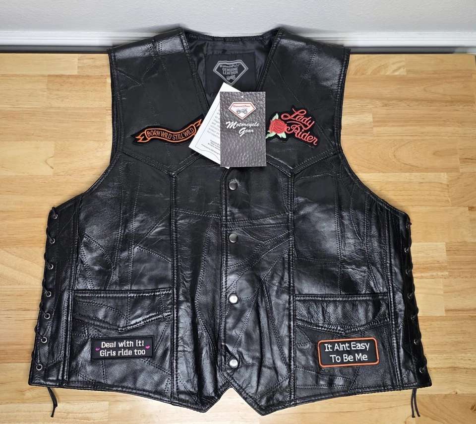 Diamond Plate GFVLADYL Ladies Rock Design Genuine Leather Vest With Patches