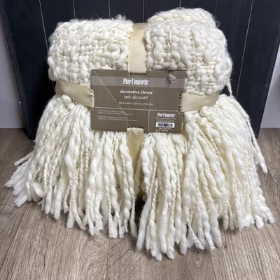 Pier 1 Imports Chunky Yarn Beige Throw Blanket Fringe 50" x 60" Gold Thread J1 - Image 1 of 4