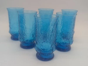 Vintage Anchor Hocking Rainflower Laser Blue Six 12 Oz Flat Tumbler Glasses Flaw - Picture 1 of 7