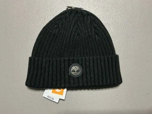 $25 TIMBERLAND RIBBED CUFF LEATHER METAL LOGO PATCH BEANIE HAT BLACK ONESIZE - Picture 1 of 4