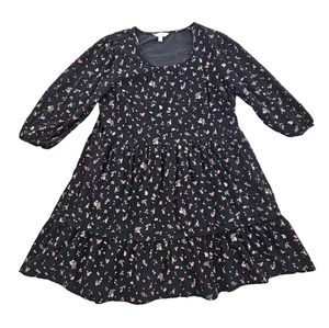 Time And Tru Black Floral Corduroy Mini Dress Women's L 12-14 Prairie Boho EUC - Picture 1 of 16