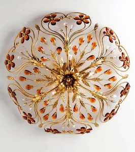 PLAFONIERA A 5 LUCI FERRO BATTUTO CRISTALLO FOGLIA ORO COLL.PRE ART.PL137/60 - Picture 1 of 1