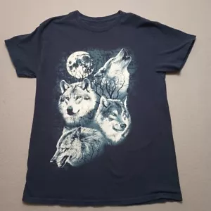 VINTAGE Four Wolves Howling Under Full Moon T-Shirt MENS Size M Blue - Picture 1 of 4