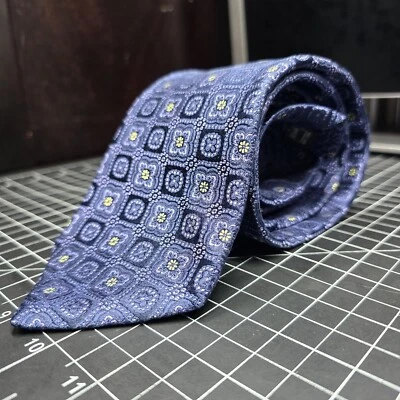 IKE BEHAR 领带 男式 蓝色 几何奖章 花卉丝绸 二手 二手 二手 美国手工制作 — 第 1/4 张图片