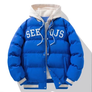 Fashion Letter Hooded Cotton Coat Winter Warm Solid Zipper Jacket For Men Teenag - Picture 1 of 8