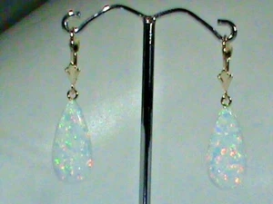 14kt Gold Leverback Earrings w BIG MIX Fire 20 MM Created WIDE White Opal Drops! - Picture 1 of 5