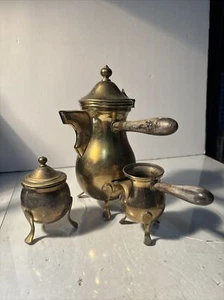 Vintage Coffee Pot 3 Peace, Copper Brass, Wood Handle Sugar, And Creamer. - Picture 1 of 15