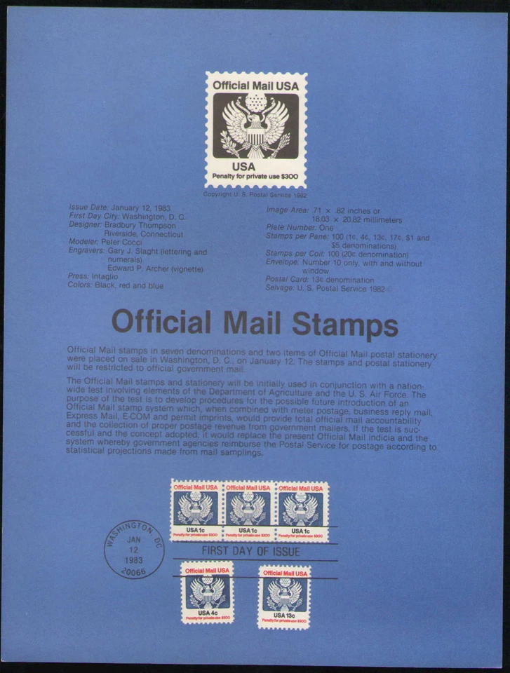US. SP601. O127-O129. 1c, 4c, 13c. Official Mail Stamps. Souvenir Pages. 1983 - Image 1 of 1