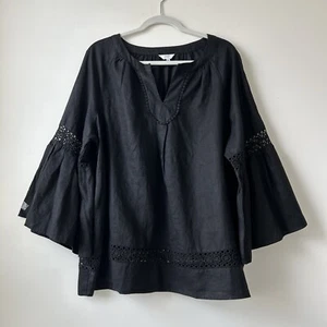 Crown & Ivy Linen Eyelet Blouse Top Womens XXL Black Bell Sleeve Goddess Beachy - Picture 1 of 10