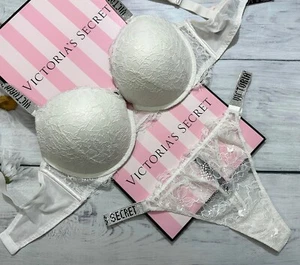 Victoria’s Secret Very Sexy Lace Shine Strap Push-Up Bra Thong Set White - Picture 1 of 11