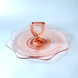 Pink Depression Glass Center Handle Tray Keyhole Fluted Etched Floral VTG 1930s - Picture 1 of 8