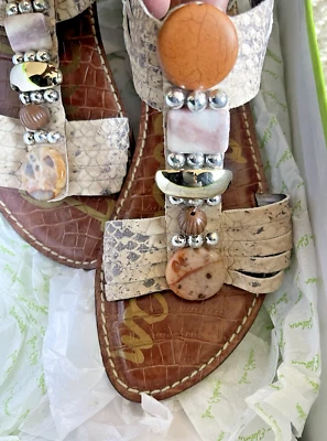 Sam Edelman Gifford Silver Tan Gray Snakeskin Gladiator Flat Sandals - Sz 9.5M - Image 1 of 4