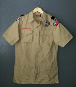 Boy Scouts POPLIN Uniform Shirt BSA Sewn Patches UPF Sun Protection Mens SM - Picture 1 of 4