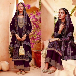 DRK PURPLE BANDHINI PRINTED SATIN INDIAN READYMADE SALWAR KAMEEZ SUIT LADIES DEN - Picture 1 of 3