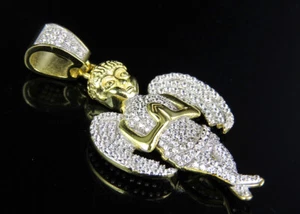 Sterling Silver Yellow Gold Simulated Diamond Cherub Angel Charm Pendant 1.75" - Picture 1 of 7